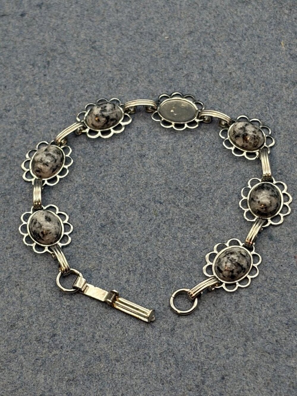 Vintage Floral Link Bracelet 8 In As Is Black Grey Silver Marbled Oval Repair